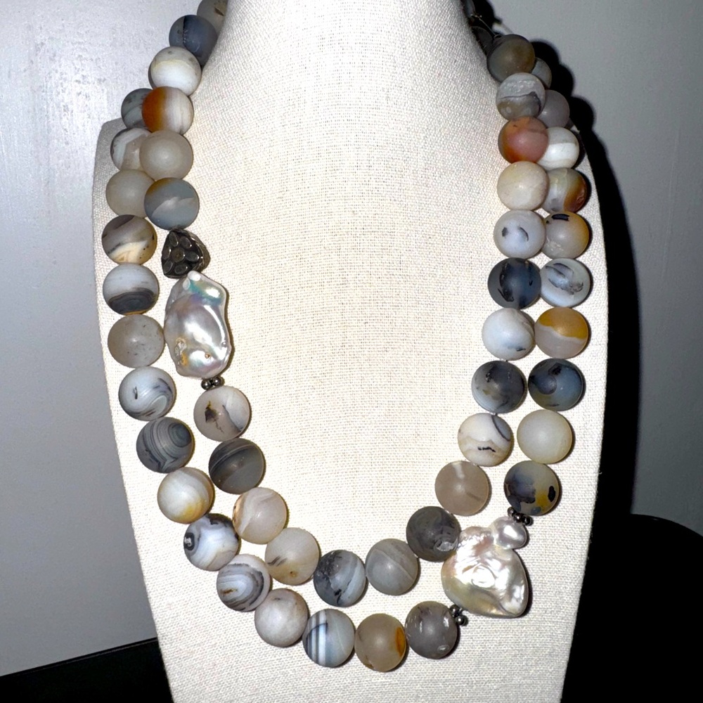 Freshwater Pearl and Unknown Natural Stone Sterling Silver Necklace
